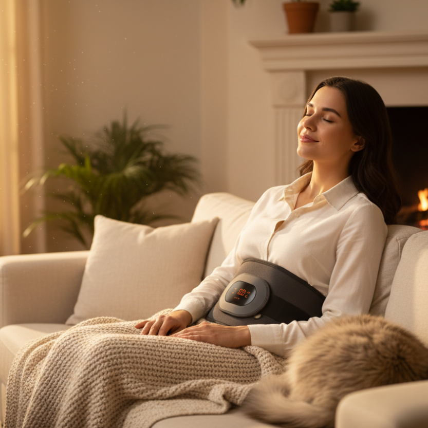 femme détendue avec ceinture chauffante réaliste
